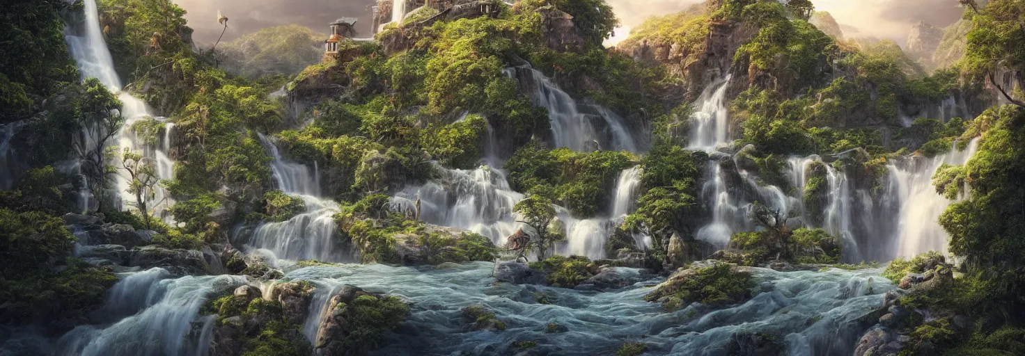 Prompt: dramatic high detail mate painting,a beautiful and peaceful place that has 4 weather seasons at a time, the position of the house on a hill there is a waterfall, small river, octane render, cinematic lightning, HD, 8k, by RAFFAELLO OSSOLA and Tyler Edlin, trending on instagram, artstation