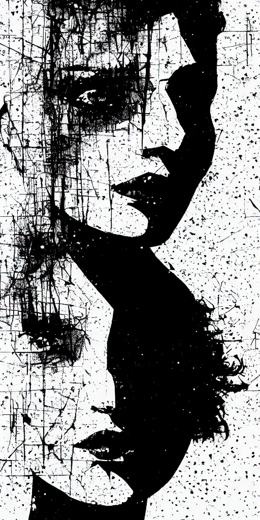 Image similar to a glitched portait of a woman, black and white, digital, distorted