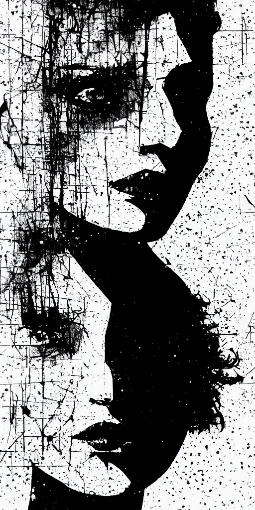 Prompt: a glitched portait of a woman, black and white, digital, distorted