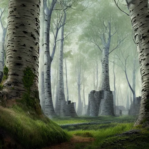 Image similar to a big brick castle in a birch tree forest, matte oil painting, barrows, fantasy, concept art, clear, crisp, sharp, extremely detailed, wallpaper