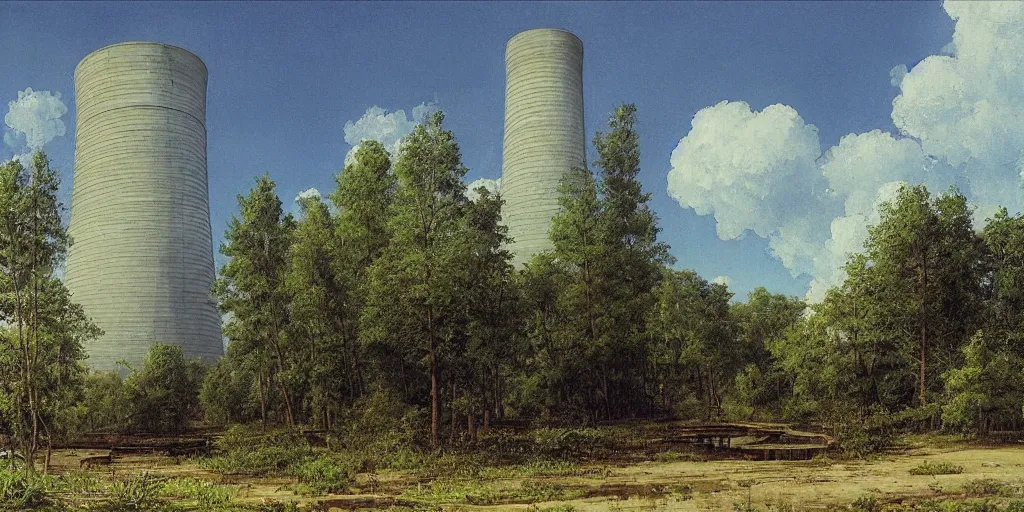 Image similar to clean and optimistic cooling tower, by a river and fields, ivan shishkin, studio ghibli