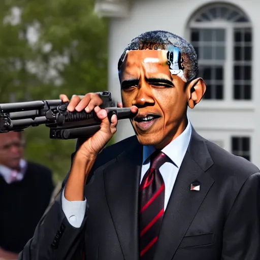 Image similar to angry barack obama shooting and terrorizing people in the hood, 8k resolution, full HD, cinematic lighting, award winning, anatomically correct