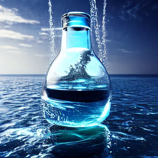 Prompt: water art manipulation in the shape of a human head in a bottle shape, on the ocean water, futuristic, glowing, hyper realistic, ray tracing, realistic water splashes, sharp focus, long shot, 8 k resolution, cinematic, photoshop art
