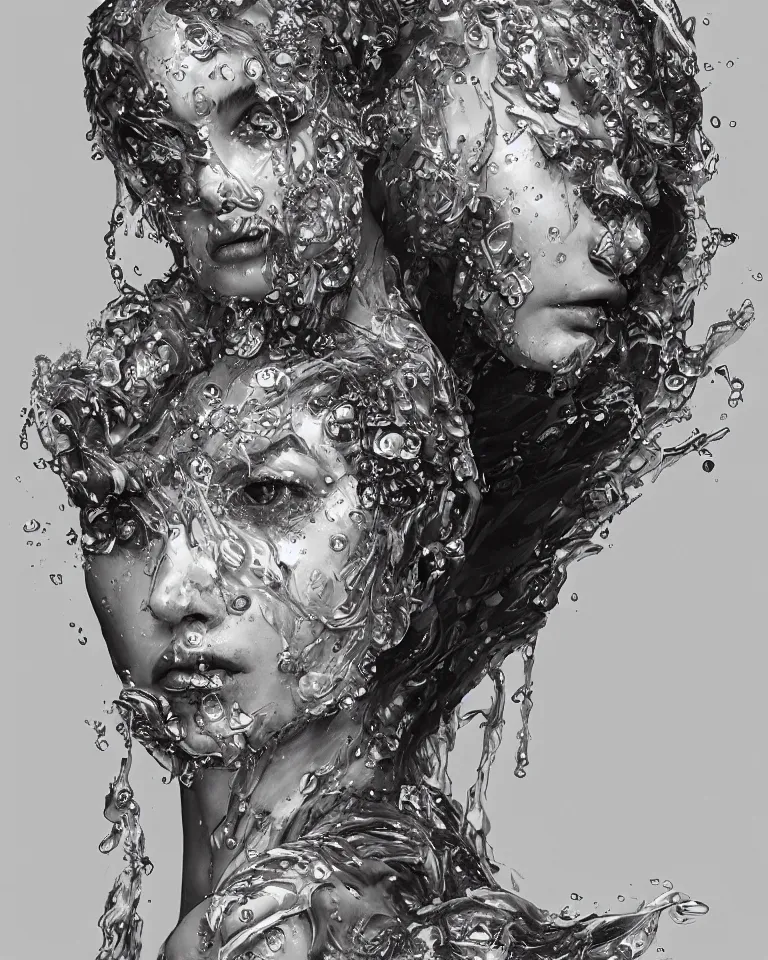 Image similar to sculpture made of water, portrait, female, future, shaman, harper's bazaar, vogue, magazine, insanely detailed and intricate, concept art, close up, wet, ornate, luxury, elite, elegant, trending on artstation, by ruan jia, by kenneth willardt, by ross tran, by wlop, by andrei riabovitchev