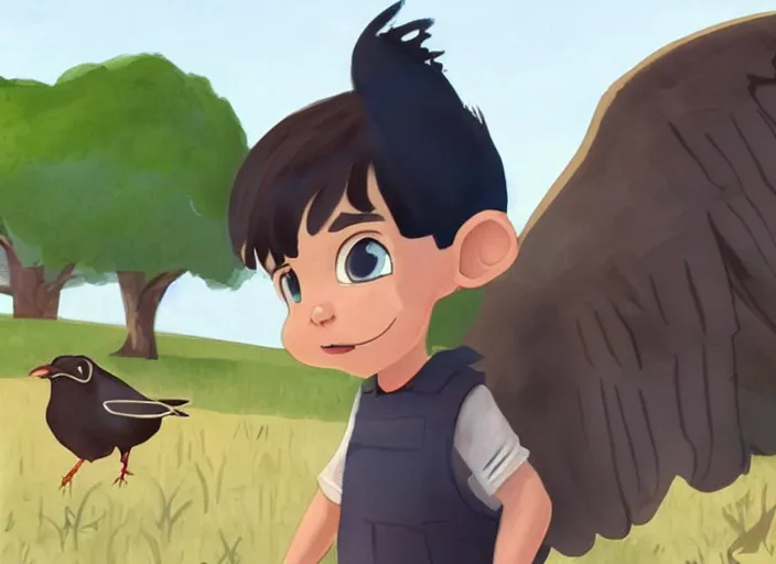 Image similar to cartoon still, a small boy with dark hair, wearing farm clothes, he has a small crow on his shoulder, artstation, character design, by padleton ward