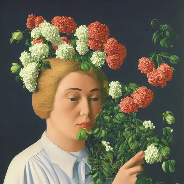 Image similar to portrait of a woman, face hidden by beautiful flower bouquet, by rene magritte, detailed painting, hd, hq, high resolution, high detail, 4 k, 8 k