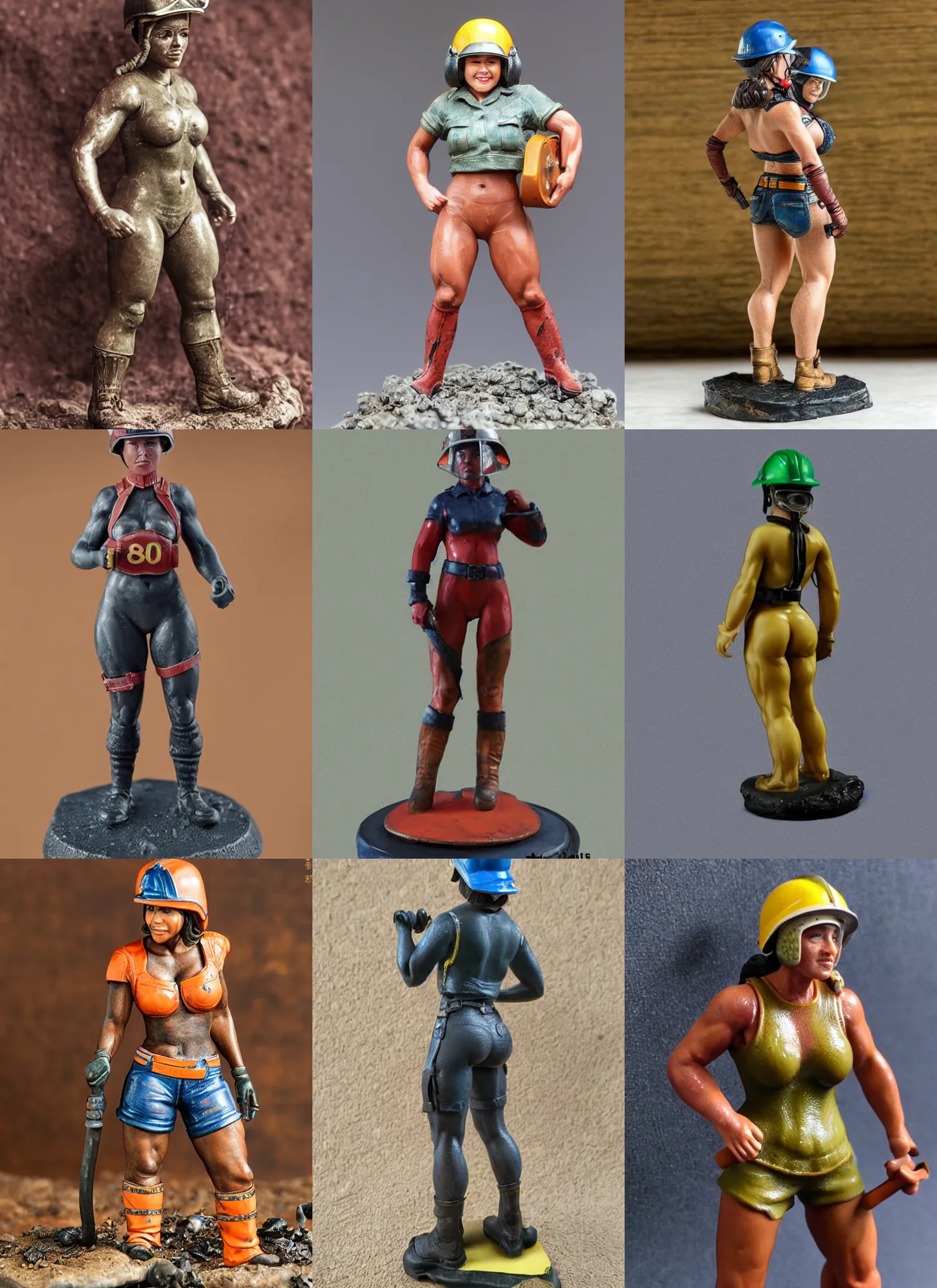 Prompt: 80mm resin detailed miniature of a very Muscular miner woman, helmet, hot-pants, stomach, navel, boots, Logo, textured base; Product Introduction Photos, 4K, view from front