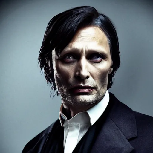 Image similar to mads mikkelsen as a vampire, male, late - 4 0 s aged, shoulder blade length, slicked black hair, red irises, clean shaven, wearing a cape, regal, royal, grim facial expression, high medieval fantasy, full color digital art, cinematic shot, full body shot.