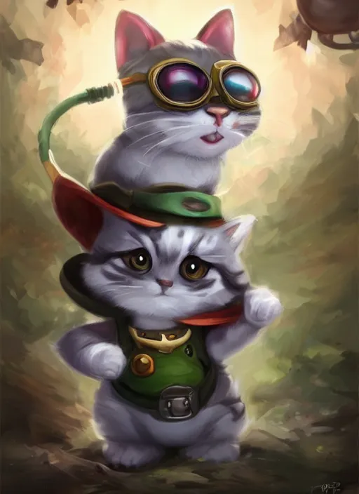 Image similar to grey american shorthair cat as teemo from league of legends, digital painting, artwork by ross tran + ramond swanland