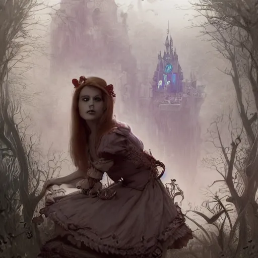 Image similar to Alice in Wonderland at the Dark Carnival, highly detailed, artstation, intricate, smooth, sharp focus, horror, illustration, art by greg rutkowski and orientalism and bouguereau and Zdzislaw Beksinski, good clear quality, lighting, biology, symmetrical artwork, perfect face, 135 mm, cinematic, hyper realism, high detail, octane render, 8k, chrome accents