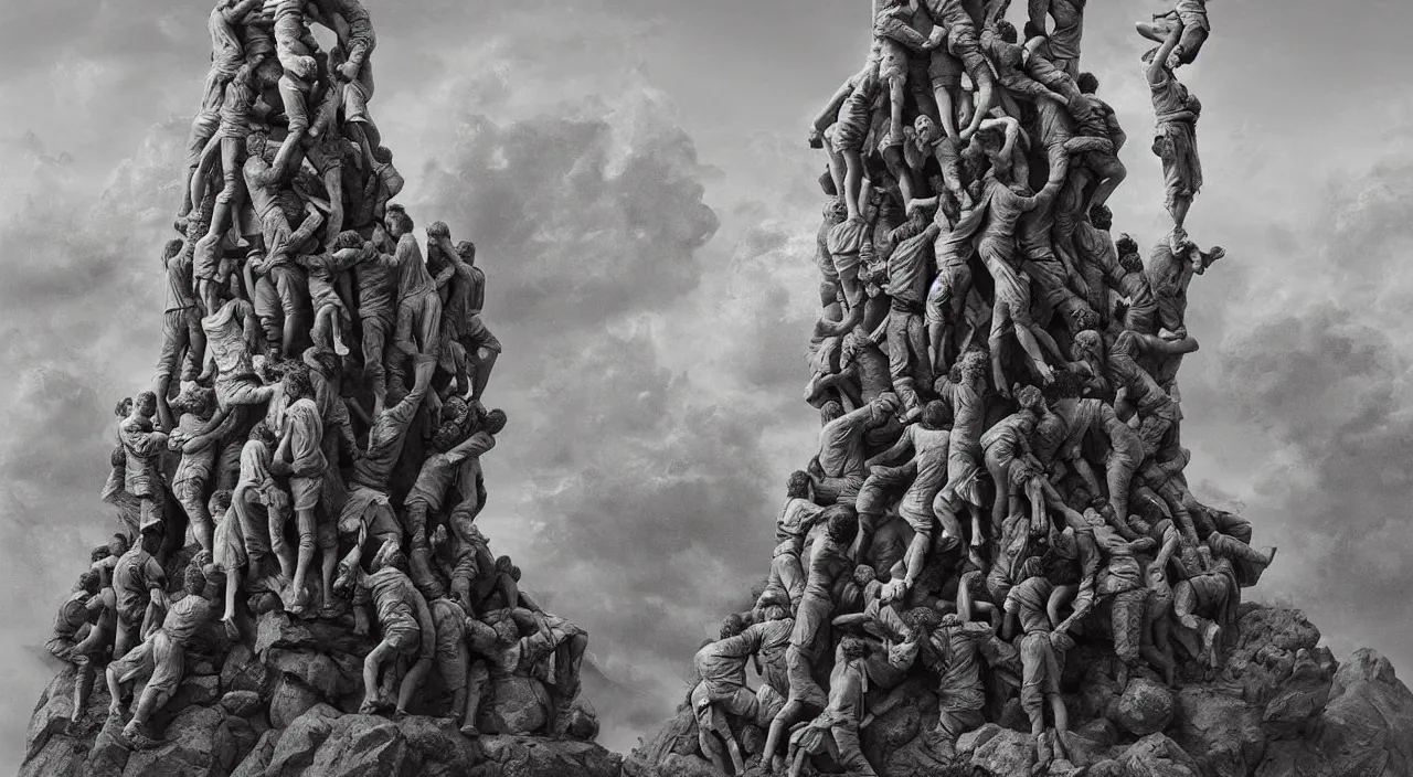 Prompt: catalan castellers human impossible big tower they are stone men like a incredible gian sculpture at the kingdom of julius caesar, roman historic works, hyper - detailed, world renowned artists, historic artworks society, antique renewal, cgsociety, by greg rutkowski, by gustave dore, by caspar david friedrich style