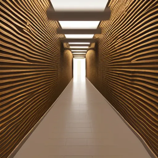 Image similar to a dark and recursive hallway, with a heavenly glow