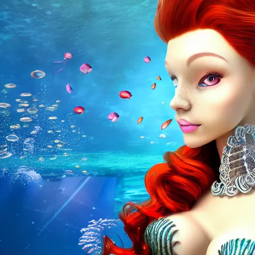 Image similar to a beautiful redhead mermaid in the middle of the ocean, sunshine underwater, pearls, efflorescence, futuristic cybernetic engine, intricate details in the frames, symmetrical, magic, 4k high quality render.