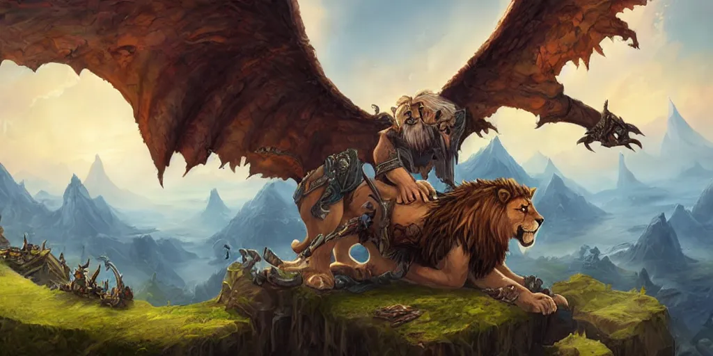 Image similar to Lion with bat wings on top of a mountain, art by Tony Sart, hearthstone art style, epic fantasy style art, fantasy epic digital art, epic fantasy card game art