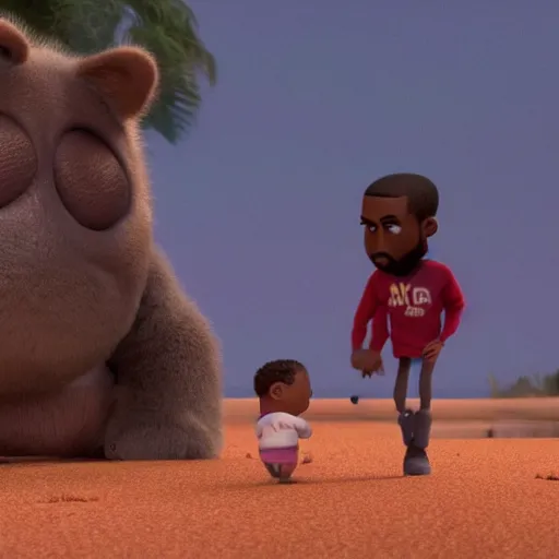 Image similar to a cinematic film still from a 2022 Pixar movie starring Kanye West, in the style of Pixar, shallow depth of focus