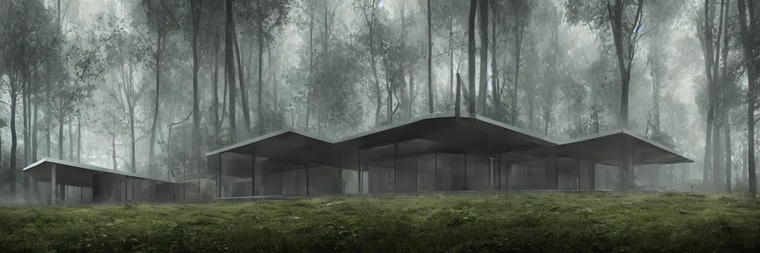 Prompt: A modern house built around a spine-like infrastructure with prefabricated, replaceable cell-like parts arises deep in the forest. Mist. Atmospheric. Wide shot. Matte painting in the style of Ash Thorp and Sparth