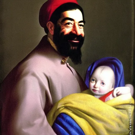 Image similar to A portrait of Saddam Hussein smiling and holding a baby gently in his arms by Johannes Vermeer