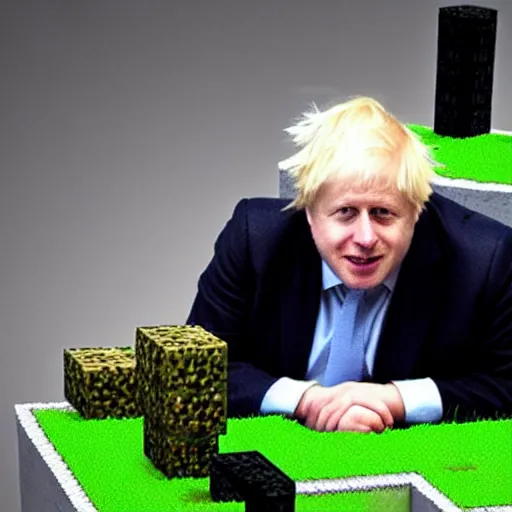 Image similar to boris johnson as minecraft figure fighting against creeper in intricate base, ultra detail