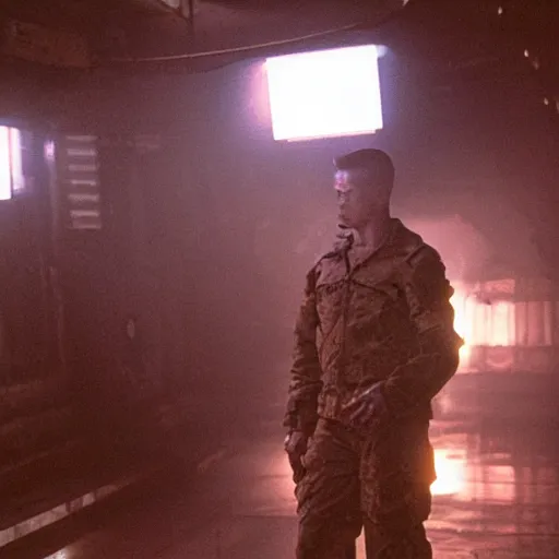 Image similar to rock - man as a soldier smoking a cigarette, still from the movie universal soldier, still from the movie terminator, fog, dramatic lighting, cinematic, 4 k, full body shot, backlit, rim lighting, full body photgraph, shap, football armor, cyberpunk, bladerunner, extreme detail, light rain, trending on artstation, spot light