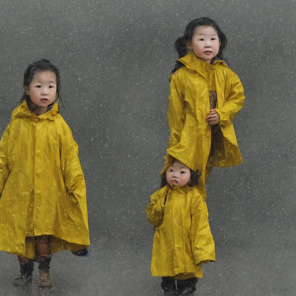 Prompt: of portrait of a little Chinese girl in yellow rain coat.
