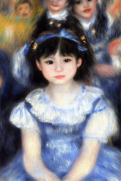 Image similar to a realistic portrait of black - haired little girl in a blue lolita dress with stars and petticoat sitting on the new york city subway by renoir, detailed eyes, 4 k resolution