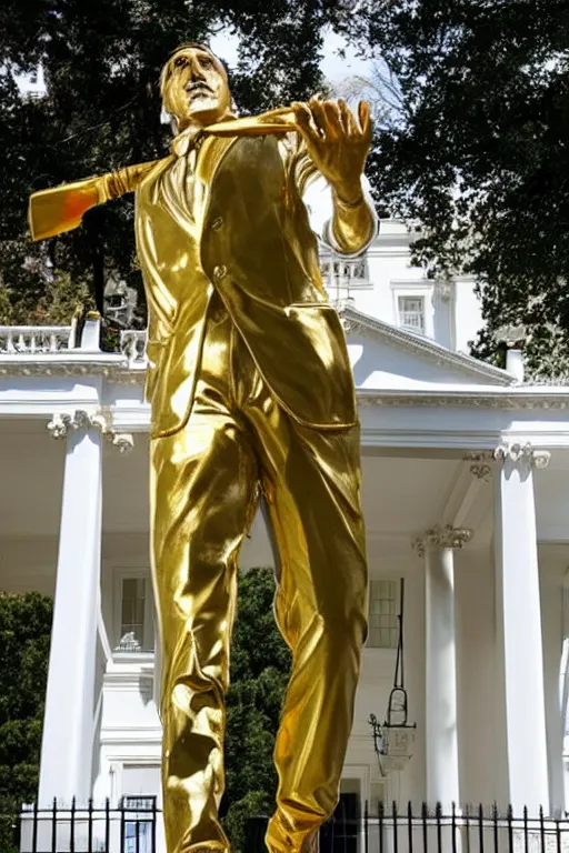 Prompt: A beautiful polished gold statue of Nicholas Cage in front of the White House, photo by Mann