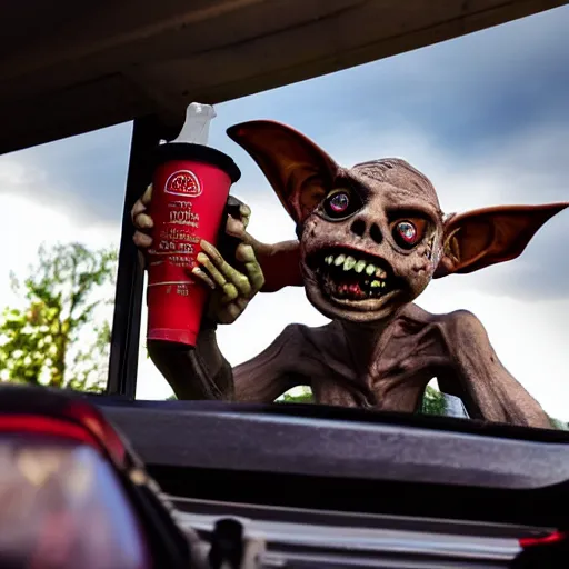 Image similar to creepy goblin handing out food at the mcdonald's drive through, photograph