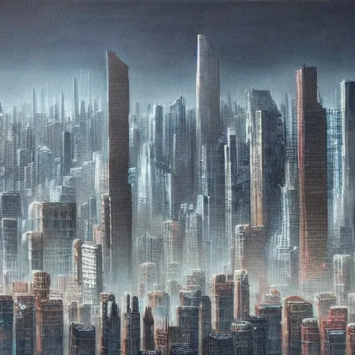 Prompt: the skyline of a dystopian city, highly detailed painting