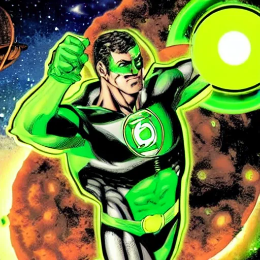 Image similar to Green Lantern fighting in space with Black Adam, comic style, planets on the background, dramatic, dark lighting, HQ