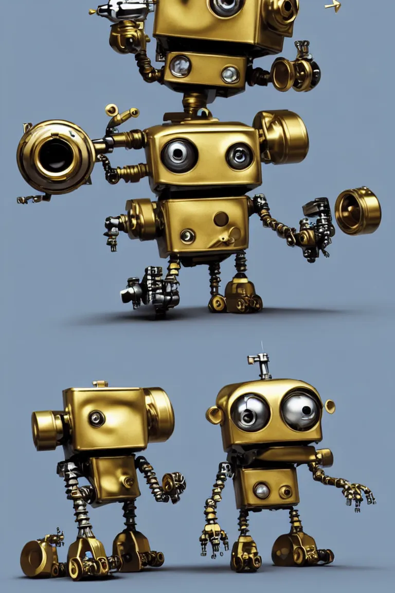 Prompt: just one tiny cute robotic monster with golden #pistons and black belts and #camshaft pulley and medium machine #gun turrets installed and tiny missile #launcher and one small jet #engine and one #crankshaft and big eyes smiling and waving, back view, isometric 3d, ultra hd, character design by Mark Ryden and Pixar and Hayao Miyazaki, unreal 5, DAZ, hyperrealistic, bright colors, D&D, Cycles4D render, Arnold render, Blender Render, cosplay, RPG portrait, dynamic lighting, intricate detail, summer vibrancy, cinematic, centered, sharp focus, illustration style of Stanley Artgerm, art by Range Murata