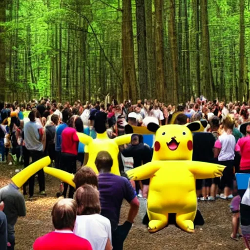 Prompt: photo of a group of people worshipping a giant pikachu in a forest