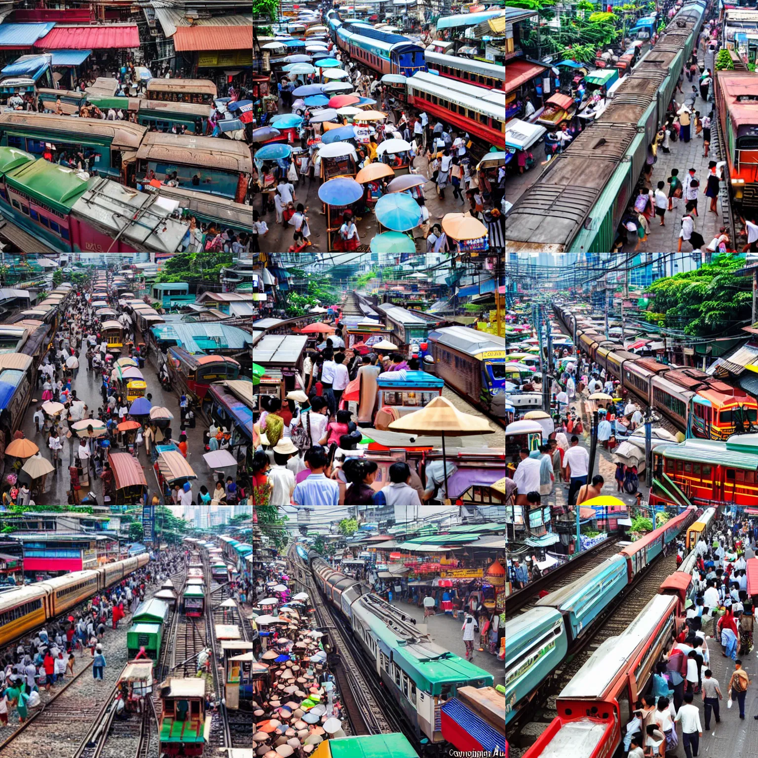 Prompt: a train drives through a busy market in bangkok