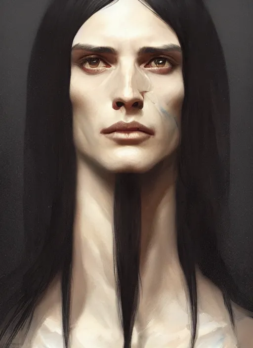 Prompt: An androgynous man with long black hair and a partially skeletal face, highly detailed, digital painting, artstation, concept art, sharp focus, illustration, art by greg rutkowski and alphonse mucha