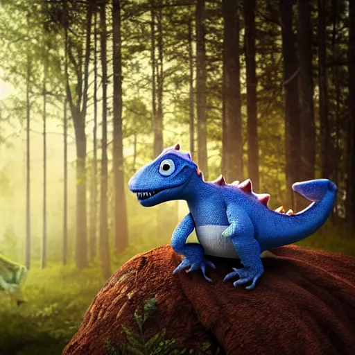 Image similar to young boy riding a cute little dinosaur with long fur, portrait, pixar style, forest background, cinematic lighting, award winning creature portrait photography