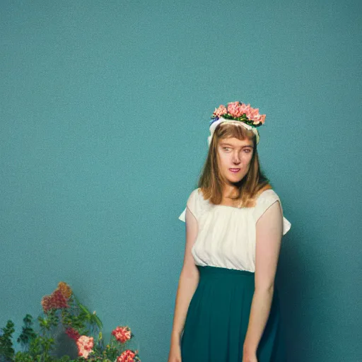 Image similar to a photograph of beautiful nordic woman wearing a white folkdrakt dress, she has a summer flower headband. against a teal studio backdrop. strong kodak portra 4 0 0 film look. film grain.