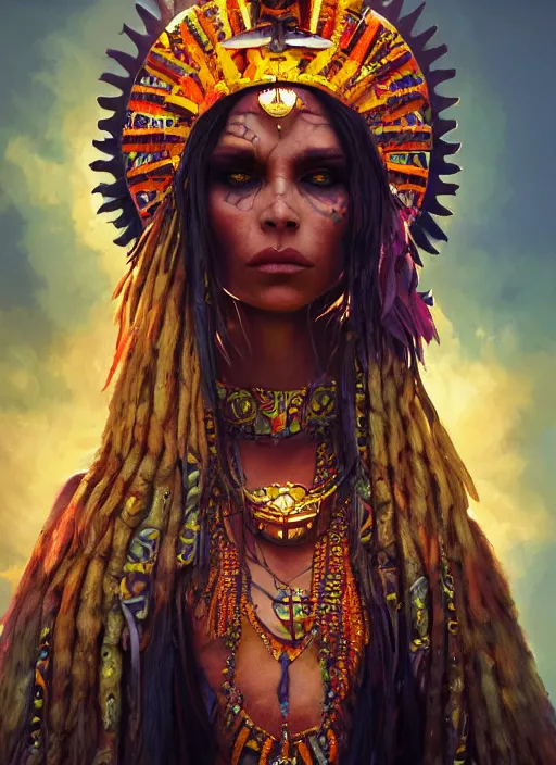 Image similar to aztec sun goddess, vivid colors, dark shadows, contrast, concept art, sharp focus, digital art, Hyper-realistic, 4K, Unreal Engine, Highly Detailed, Dramatic Lighting, Beautiful, by Brom, bastien lecouffe-deharme