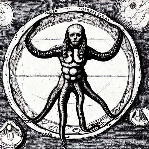 Image similar to drawing of octopus in style of Vitruvian Man by Leonardo da Vinci