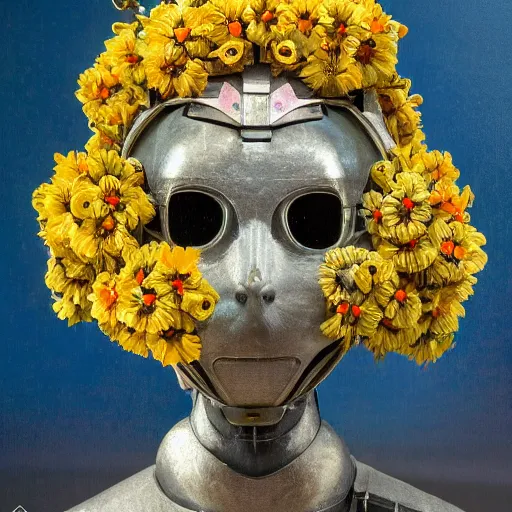 Image similar to a humanoid robot wearing a mask made of flowers, by annie swynnerton and diego rivera and tino rodriguez, symbolist, dramatic lighting, elaborate geometric ornament, art brut, soft cool colors, smooth, sharp focus, extremely detailed, adolf wolfli