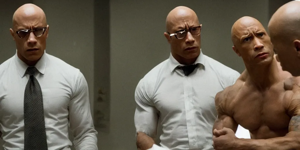 Image similar to Very intense fight sequence with Michel Foucault played by Dwayne Johnson in Foucault the biopic