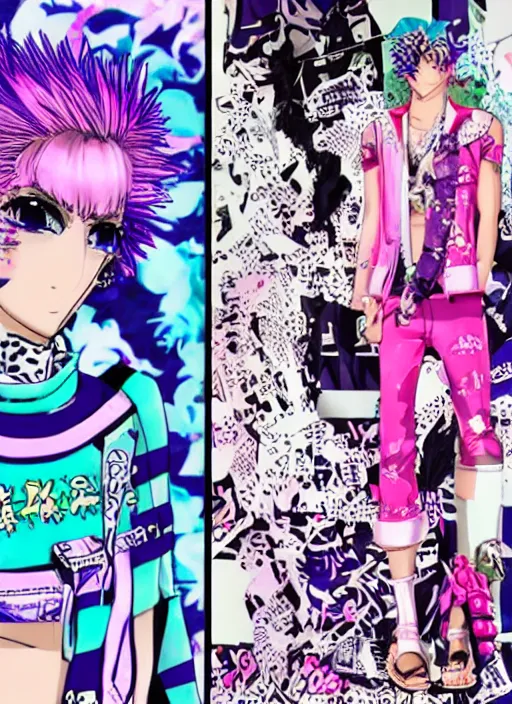 Prompt: vaporwave resort balenciaga military, hot topic, decora inspired, by hirohiko araki, in the style of jojo ’ s bizarre adventure - n 9