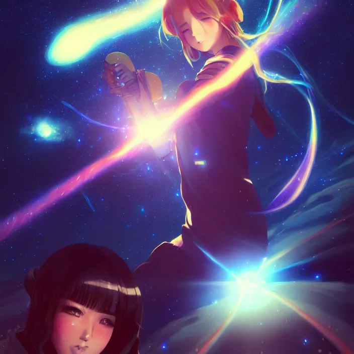 Image similar to thundering across the stars, planets, nebulae, cosmic, lens flare, anime style. realistic shaded lighting poster by ilya kuvshinov katsuhiro, magali villeneuve, artgerm, jeremy lipkin and michael garmash, rob rey and kentaro miura style, trending on art station, unreal engine, highly detailed, pixiv