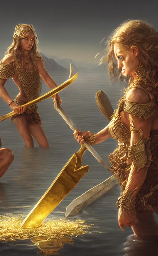 Image similar to lake godness holding gold axe and sliver axe, highly detailed, d & d, water everwhere fantasy, highly detailed, digital painting, trending on artstation, concept art, sharp focus, global illumination, ray tracing, illustration, art by artgerm and greg rutkowski and fuji choko and viktoria gavrilenko and hoang lap