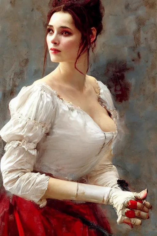 Image similar to Solomon Joseph Solomon and Richard Schmid and Jeremy Lipking victorian genre painting full length portrait painting of a young beautiful woman wearing gloves traditional german french actress model pirate wench in fantasy costume, red background