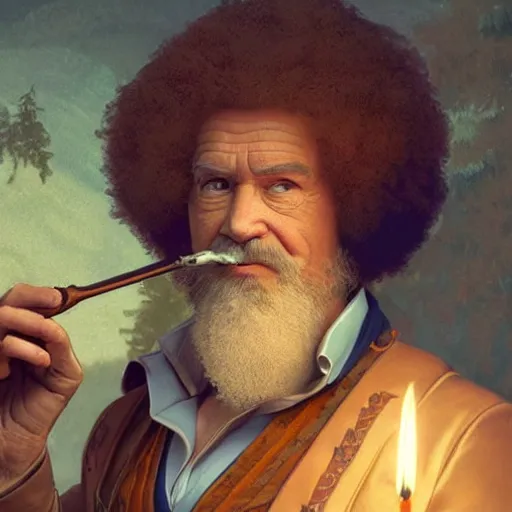 Image similar to an ultra detailed tarot card of bob ross smoking a pipe and dressed as a fantasy bard, d & d, epic fantasy, concept art by alphonse mucha and greg rutkowski, octane render, 8 k, detailed face