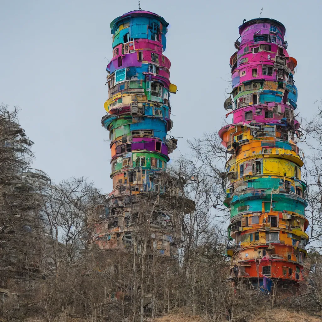 Prompt: a circular tower, made up of colourful makeshift squatter shacks, dystopia, sony a 7 r 3, f 1 1, fully frontal view, ultra detailed, photographed by hiroshi sugimoto,