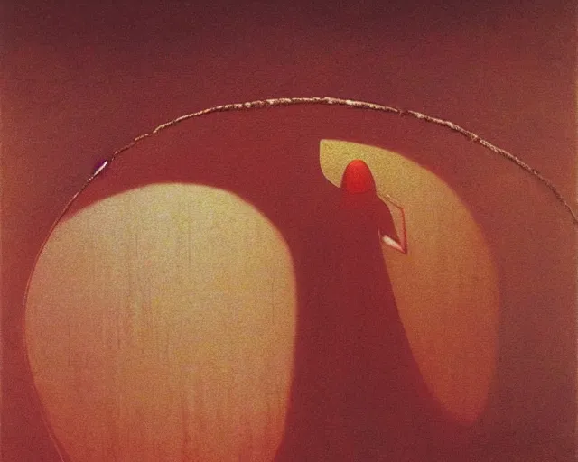Image similar to by francis bacon, beksinski, mystical redscale photography evocative. devotion to the scarlet woman, priestess in a conical hat, coronation, ritual, sacrament
