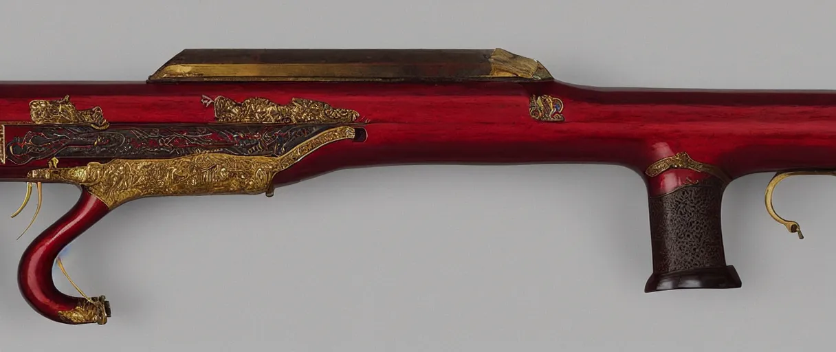 Image similar to a shotgun made from glossy red - painted wood and elements of gold metalwork