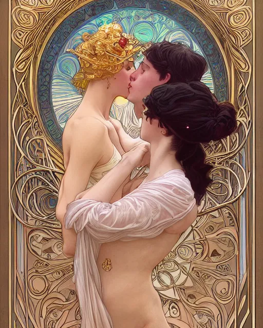 Image similar to the kiss | highly detailed | high coherence | very intricate | art nouveau | gold filigree | romantic storybook fantasy | soft cinematic lighting | award - winning | painted by mandy jurgens and alphonse mucha and alena aenami | pastel color palette | featured on artstation