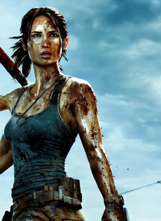 Image similar to a film still of lara croft as russian evading explosions, her face muddy and sweat, direct sun light, close up potrait, cinematic,