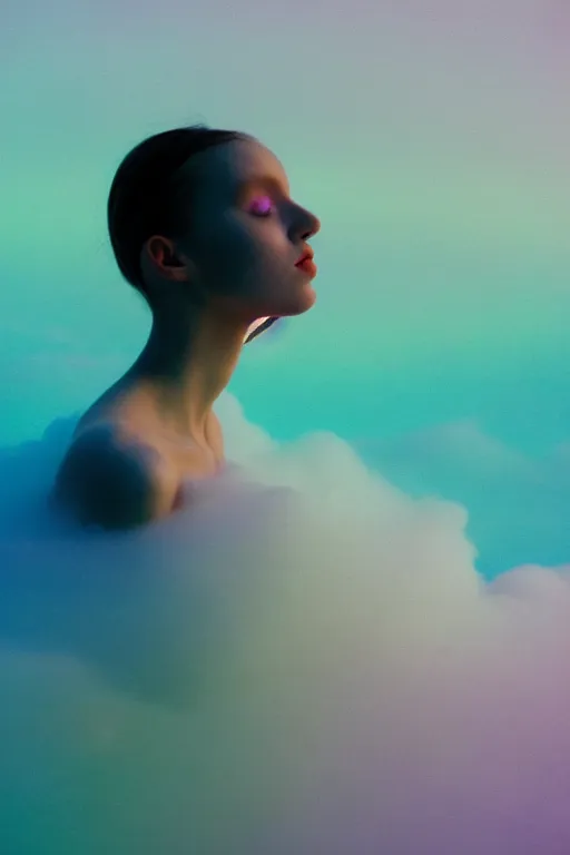 Image similar to high quality pastel coloured film close up wide angle photograph of a model wearing clothing swimming on cloud furniture in a icelandic black rock!! environment in a partially haze filled dreamstate world. three point light, rainbow. photographic production. art directed. pastel colours. volumetric clouds. pastel gradient overlay. waves glitch artefacts. extreme facial clarity. 8 k. filmic.